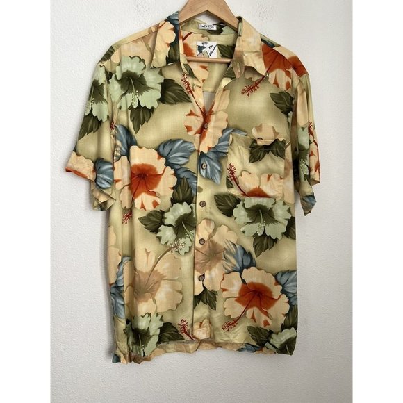 Vintage Mens Ron Chereskin Size L Hawaiian Shirt Tropical Yellow Wooden Buttons - Picture 1 of 6